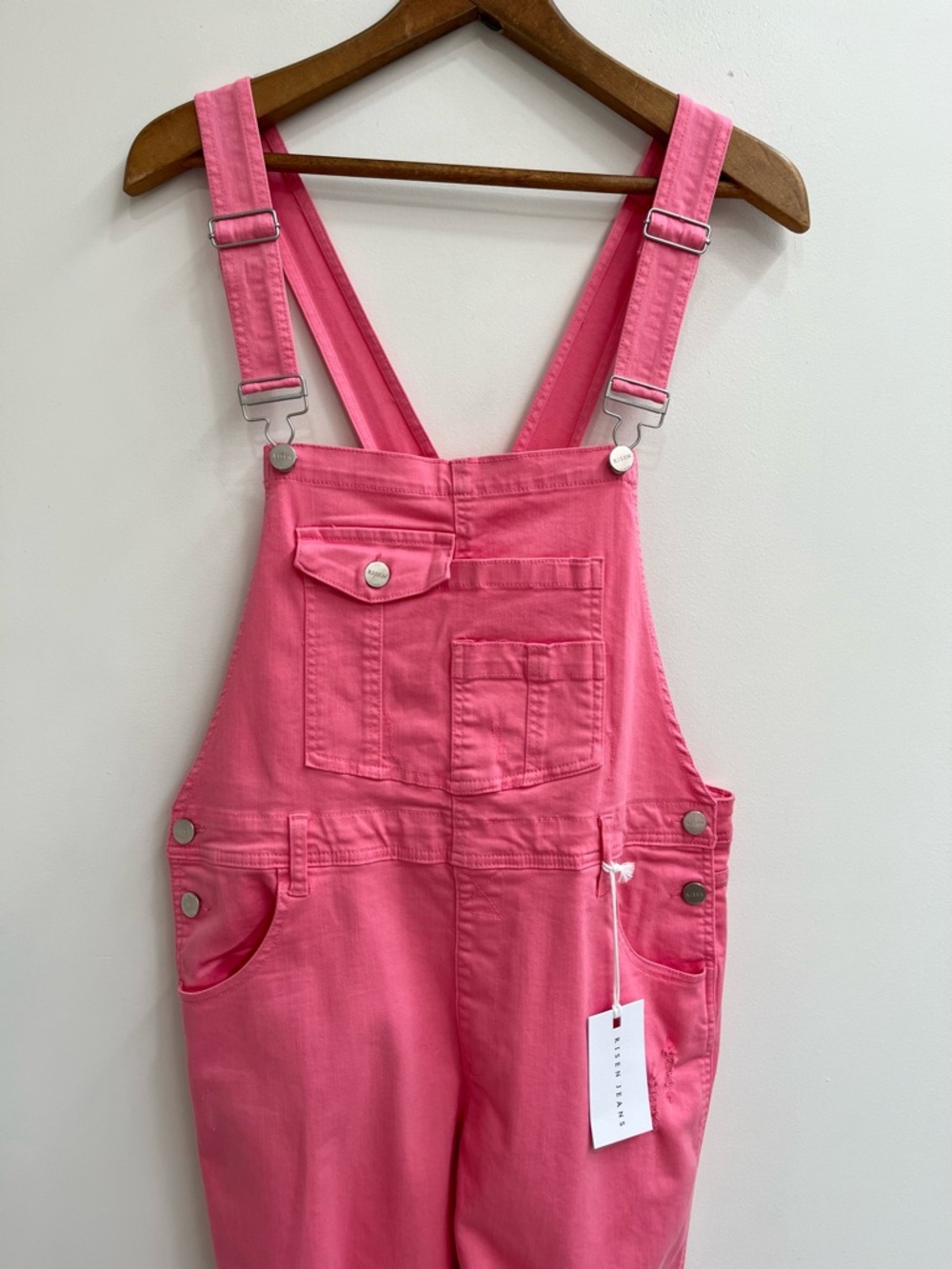 Risen Barbie Girl High Rise Hot Pink Distressed Straight Cropped Overalls XL - Picture 4 of 13